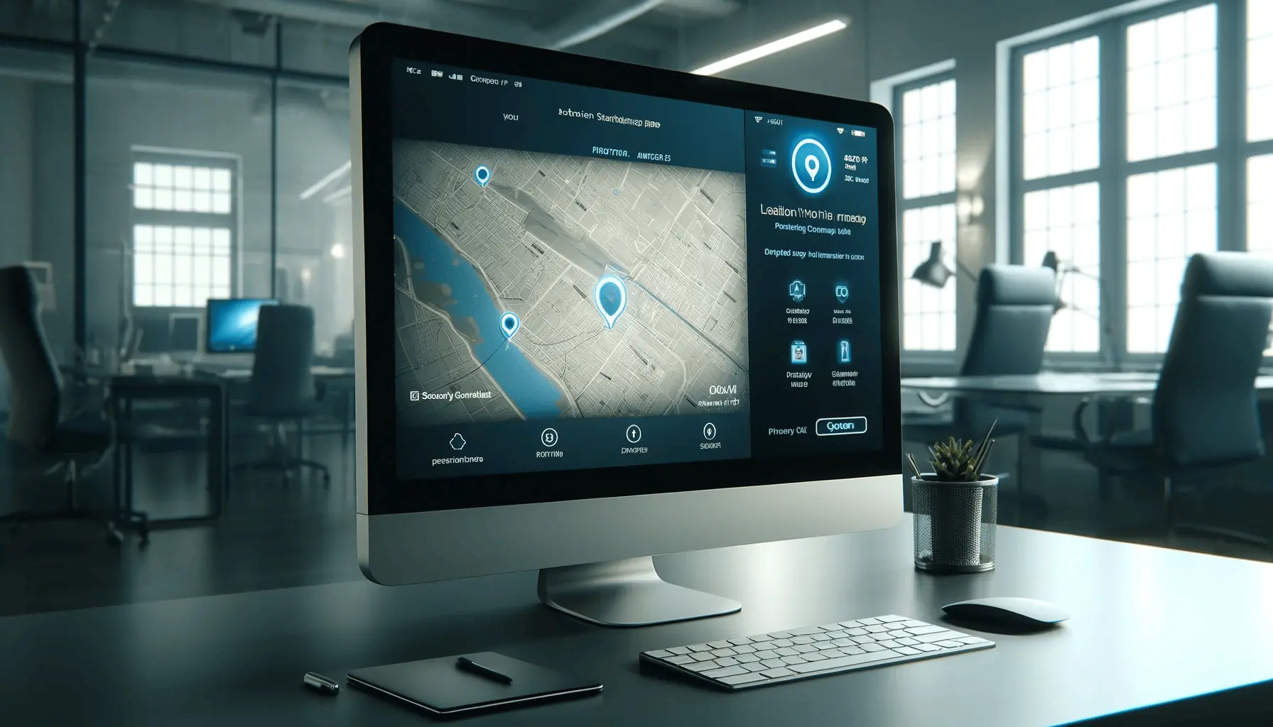 the interface of a modern and secure location-sharing app within a professional setting on a computer monitor.